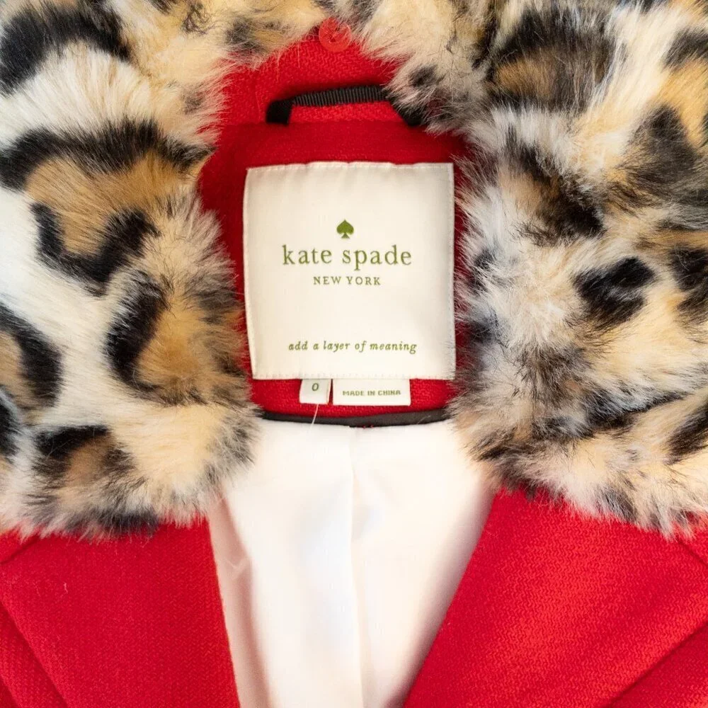 Kate Spade Red Wool Coat Faux Fur Leopard Collar Winter Buttoned Jacket 0
